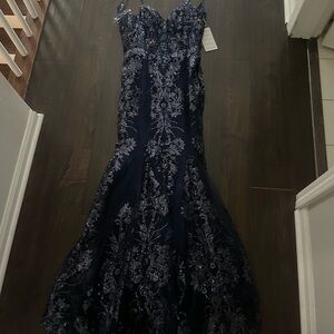 Elegant Navy Blue Gown with Silver Embroidery
